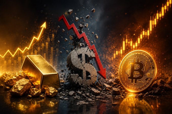 A 3D financial illustration showing a broken dollar sign, a gold bar, and a Bitcoin, with a red downward arrow piercing through the dollar sign and an upward orange arrow in the background.