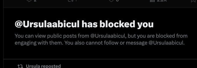 The image shows a Twitter notification stating "@Ursulaabicul has blocked you," explaining that the user can view public posts but cannot engage with or message the account. The accompanying post references a scam experience involving a fake CTO (Chief Tweet Officer) attempt, with the user noting a 10 SOL loss, which connects to the block notification as a likely consequence of the interaction or community response.