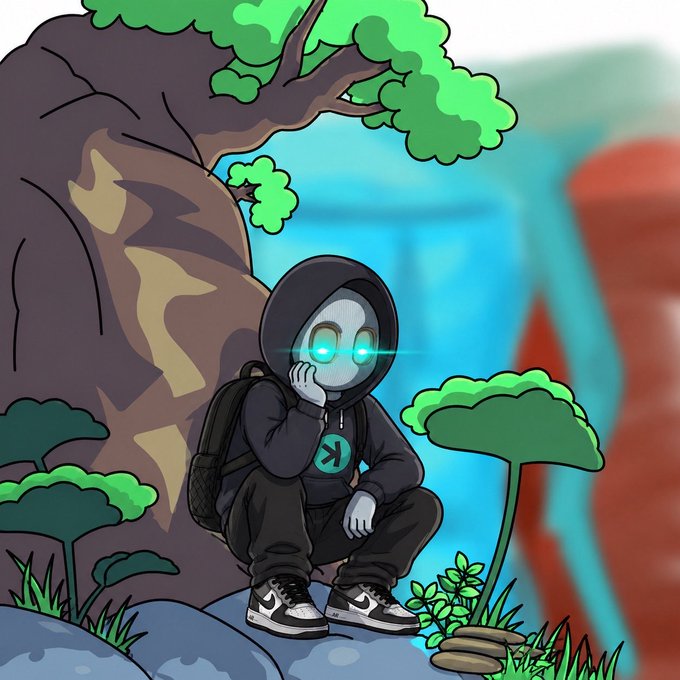 A hooded figure with glowing blue eyes squats in a lush forest, appearing watchful and contemplative as if observing a hidden situation. The image's sense of cautious vigilance mirrors the post's warning to be careful who you trust, visually echoing the serious tone of distinguishing between the FTX collapse (which lost $9 billion) and BitMart's natural closure.