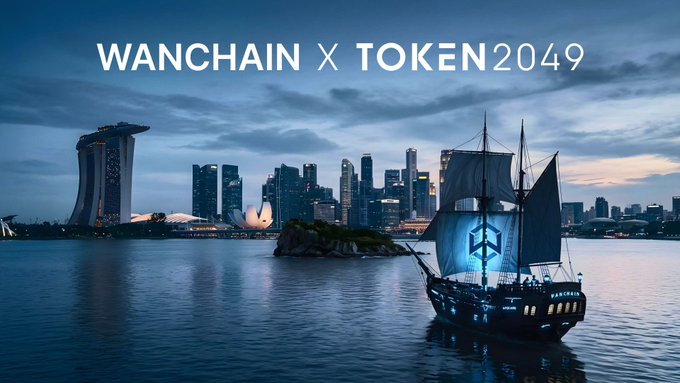 A promotional image shows a pirate ship with a glowing Ethereum logo on its sail sailing past the Singapore skyline at dusk, with text reading 'WANCHAIN X TOKEN2049'.