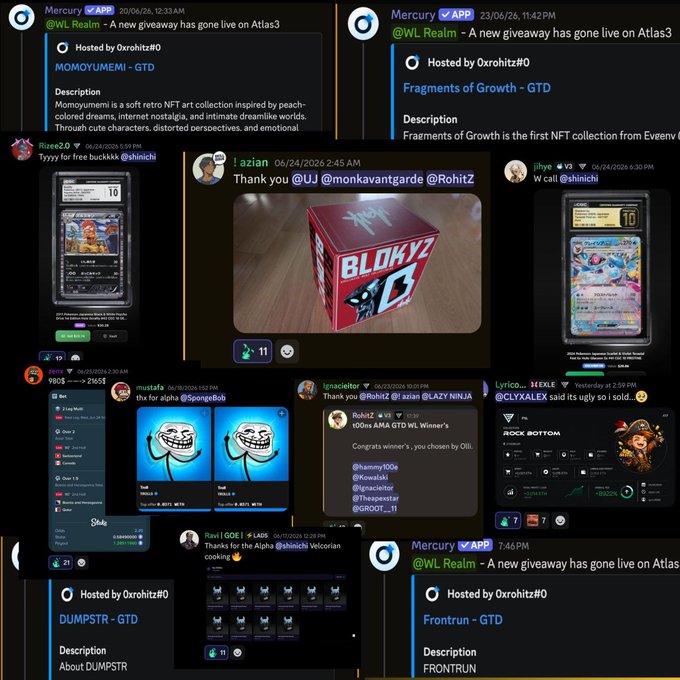 A Discord channel feed from the WL Realm Atlas3 community showcases recent giveaway winners and prize distributions, featuring digital collectibles from projects like MOMOYUMEMI, Fragments of Growth, BLOKYZ, DUMPSTR, and Frontrun, along with shoutouts to winners like mustafa (@SpongeBob) receiving tth for Alpha and RohitZ being tagged. The image supports the post's celebration of "Velcorians Max wins" by displaying the active giveaway ecosystem on Atlas3 where V3LCOR3 holders are consistently winning prizes from multiple hosted GTD drops.