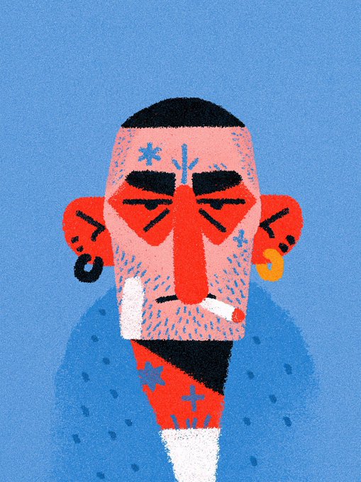 A stylized, grainy illustration of a tired, tattooed man with red-rimmed eyes, a cigarette, and earrings against a blue background, embodying the gritty aesthetic of "THE BUFOS."
