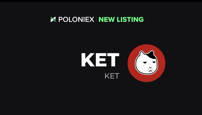 The image shows a Poloniex announcement for a new listing of "$KET" (KET), featuring the Poloniex logo, "NEW LISTING" text, and a red circular logo with a white cat illustration. The graphic promotes the KET token's upcoming availability, with deposits opening July 24 at 08:00 UTC and full trading beginning at 10:00 UTC.