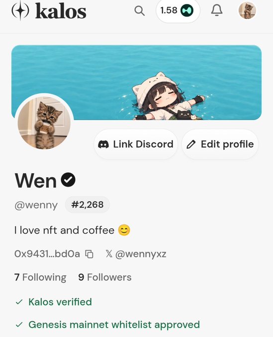 A Kalos profile page for “Wen” (@weny) shows a cat avatar, “Link Discord,” “Edit profile,” “I love nft and coffee,” “0x9431...bd0A,” and “Genesis mainnet whitelist approved.”