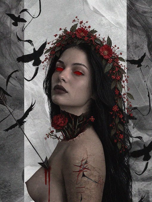 Dark fantasy artwork of a woman with red eyes, wearing a red floral crown, surrounded by black birds and featuring visible wounds.