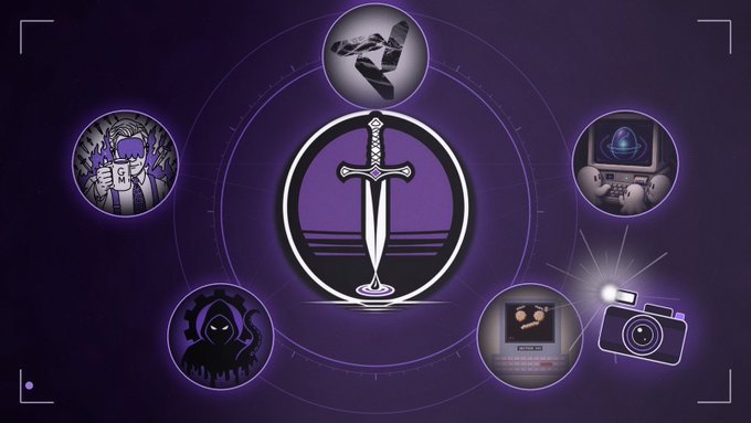 A dark purple graphic featuring a central sword emblem surrounded by circular icons, including a hooded figure, a heart, a camera, and other symbols in a stylized design.