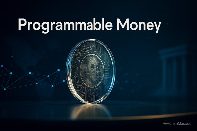 The image displays "Programmable Money" with a digital coin featuring Benjamin Franklin, relating to the post's advocacy for owning XRP to become "your own bank" in a new digital financial system.