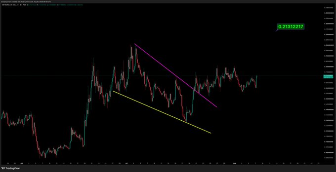 A TradingView candlestick chart for $MET (Metadium) is displayed, showing a strong uptrend supported by two ascending trendlines (magenta and yellow), with the current price highlighted at 0.21312217. The visible price action confirms the post's sentiment that $MET remains strong, as the cryptocurrency has broken out of a descending channel and is now trading near recent highs.