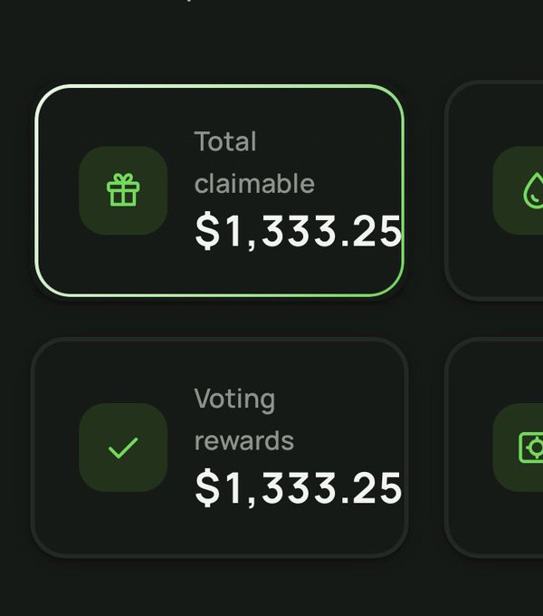 A dark-themed dashboard displays a 'Total claimable' amount of $1,333.25 alongside 'Voting rewards' of $1,333.25, with a green gift box icon.