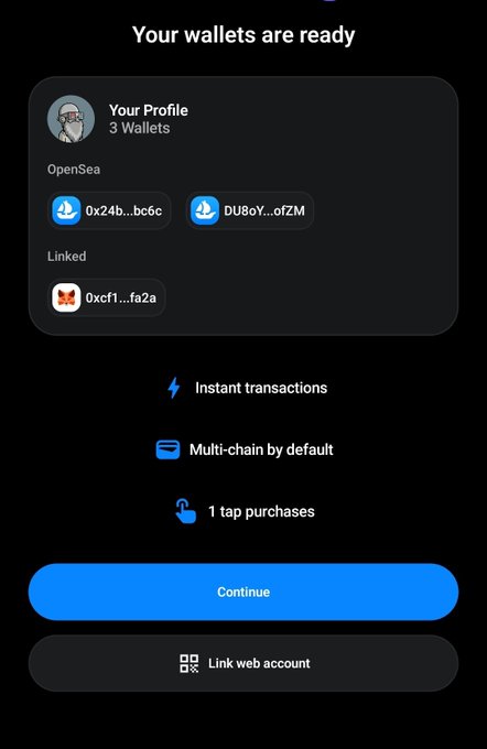 The image shows a mobile app screen titled "Your wallets are ready," displaying a profile with 3 wallets on OpenSea (addresses 0x24b…bc6c, DU8oY…ofZM) and 1 linked wallet (0xcf1…fa2a), alongside features like Instant transactions, Multi-chain by default, and 1 tap purchases, with "Continue" and "Link web account" buttons. The post highlights frustration with being unable to skip or pair wallets on the OpenSea mobile app, which is reflected in the screen's persistent prompt to connect or link wallets before proceeding.