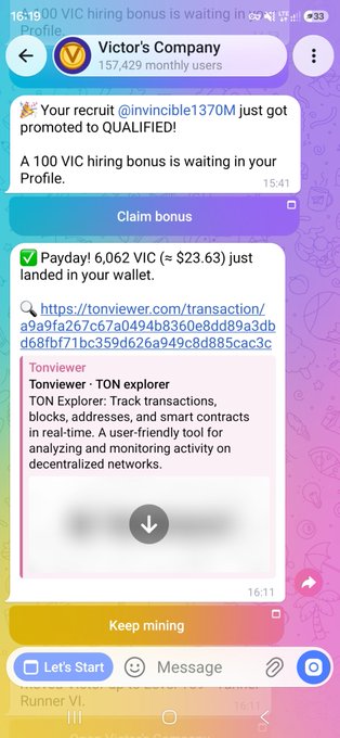 A mobile screenshot of a messaging app showing 'Victor's Company' notifications, including a 'VIC hiring bonus' message, a 'Payday! 6,062 VIC (≈ $23.63)' transaction with a Tonviewer link, and buttons to 'Claim bonus' and 'Keep mining'.