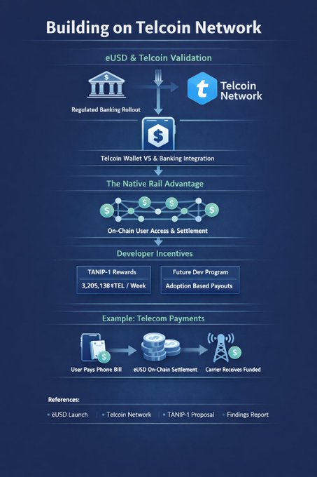 'Building on Telcoin Network' infographic illustrating eUSD & Telcoin Validation, Telcoin Wallet V5 & Banking Integration, 'The Native Router' on-chain settlement, developer incentives (TANIP-1 Rewards of 3,205,138 tTEL/Week), and an example of telecom payments.