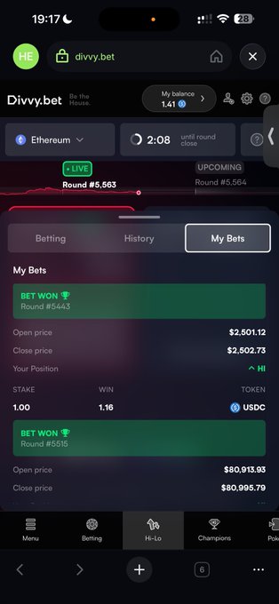 A mobile screenshot of the Divvy.bet app showing an Ethereum betting round (#5,563), with two successful winning bets on rounds #5443 and #515 listed under the 'My Bets' tab.