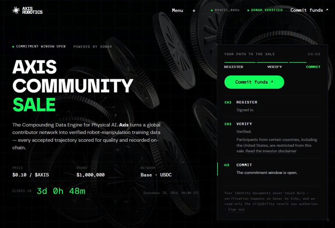 A dark-themed webpage for an 'AXIS COMMUNITY SALE' by Axis Robotics, displaying a token price of $0.10, a raise of $1,000,000, and a countdown showing '3d 0h 48m' remaining.