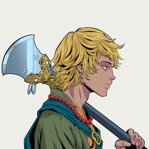 A profile illustration of a blond-haired warrior with tanned skin, wearing a green robe and red beaded necklace, holding an ornate silver battle axe over his shoulder. The image serves as promotional artwork for a Shaolin Saga #697 NFT giveaway, with the character's stoic, side-facing pose emphasizing the mythic, adventure-driven aesthetic of the collectible.