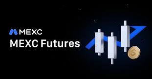 A promotional banner for MEXC Futures featuring the MEXC logo, the text 'MEXC Futures', an upward trending blue arrow, candlestick chart graphics, and a gold coin on a black background.