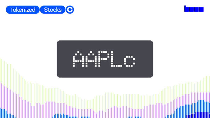 A digital interface showing a pixelated display reading 'AAPL.o' with 'Tokenized' and 'Stocks' tags at the top, and colorful bar charts (blue, pink, green) at the bottom.