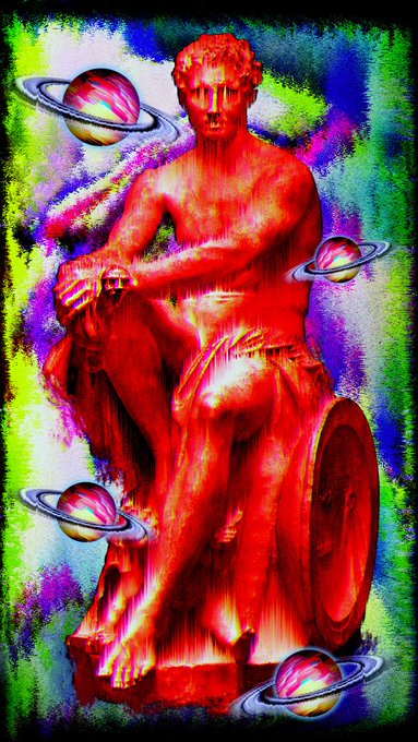 A digital artwork depicts a classical statue of a figure rendered in red with crying blood-like streaks, surrounded by planet motifs against a colorful, glitchy background.