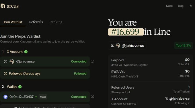 A webpage for 'arcus' showing a Perps Waitlist where user '@jahidverse' is ranked #16,699, with connected X Account and wallet.