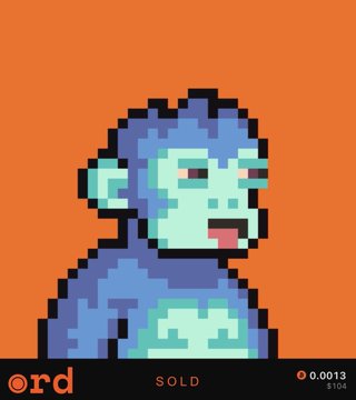 A pixel art portrait of a blue-skinned zombie or mutant character with green eyes and an open mouth, set against an orange background with 'SOLD' and '0.0013 $104' text.