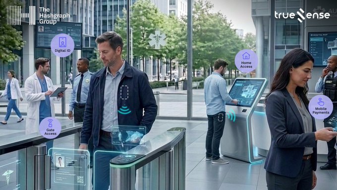 The image shows people walking through an indoor setting with various objects like a check-in kiosk and a signpost displaying the word "TrueSense" in purple. The main focus of the image is a man standing next to a check-in kiosk, while another person is checking into the system using an electronic device. In addition, there are several other people around the area. Above the scene, there's a purple sign that says "The Hashgraph Group and Truesense have filed a European patent application for Continuous Identity Trust Infrastructure (CITI), which is a cryptographic framework that verifies where and when an event occurred and who was present". The image seems to be related to the idea of using technology like CITI to protect personal information or identity.