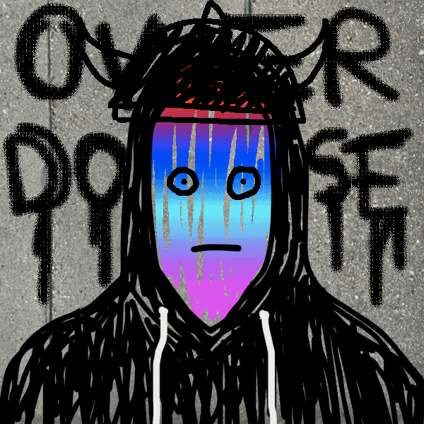 A stylized digital artwork showing a hooded figure with a gradient blue-to-pink face wearing a dark hoodie, set against a concrete wall background with graffiti reading 'OWN YOUR' and 'DOMESTIC' or similar text.