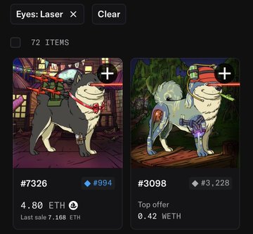 An NFT marketplace showing two dog-themed digital collectibles with 'Laser' eyes: #7326 priced at 4.80 ETH and #3098 with a top offer of 0.42 WETH.