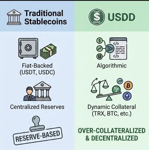 A comparison infographic contrasting USDD with traditional stablecoins, showing traditional options (USDT, USDC) are fiat-backed with centralized reserves and reserve-based, while USDD is algorithmic, dynamically collateralized (TRX, BTC), over-collateralized, and decentralized.