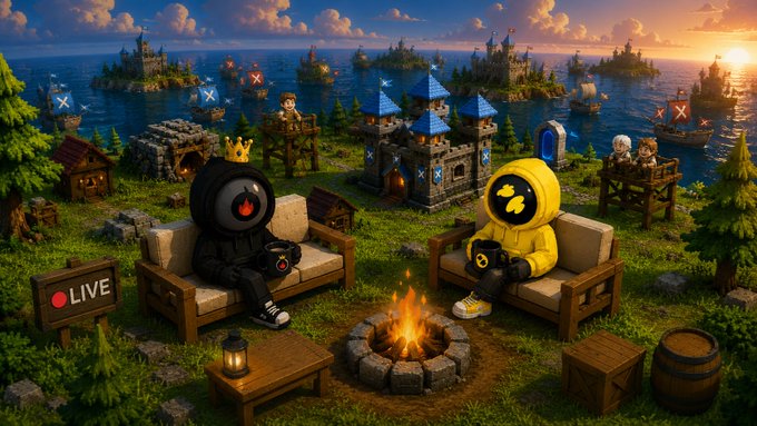 Two hooded gaming avatars—one in black with a crown and the other in yellow—sit on couches around a campfire in a vibrant cartoon kingdom, with a "LIVE" sign and "X" markers indicating a streaming raid announcement for Perp Pod #2 with Clash of Perps at 2PM UTC.