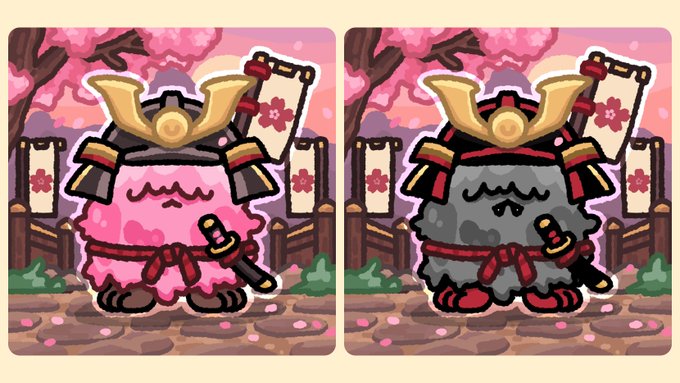 Two cartoon character illustrations side by side, depicting pink and gray fluffy creatures wearing samurai-style helmets and outfits with swords.