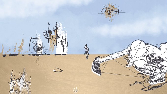 An artistic desert landscape illustration featuring a large mechanical creature, a smaller creature, a flame-like figure, and abstract structures against a cloudy sky.