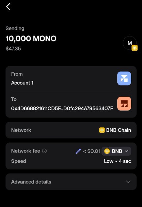 A cryptocurrency wallet interface showing a transaction sending 10,000 MONO ($47.35) from Account 1 to a wallet address on the BNB Chain network.