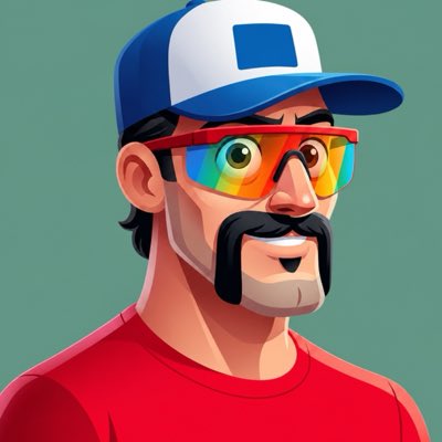 A cartoon-style digital illustration of a man with a mustache wearing a blue and white cap and red shirt, with rainbow-tinted sunglasses reflecting a landscape.