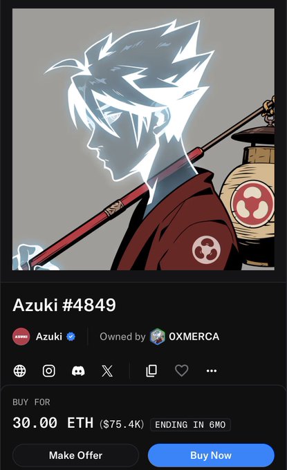A screenshot of an NFT listing on OpenSea for 'Azuki #4849', an anime-style artwork showing a character with white hair, priced at 30.00 ETH (~$75.4K) and owned by user OXMerca.