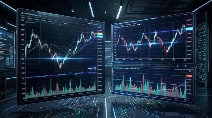 A futuristic trading setup displaying multiple curved monitors with green and red candlestick charts, volume bars, and technical analysis indicators against a neon-lit background.