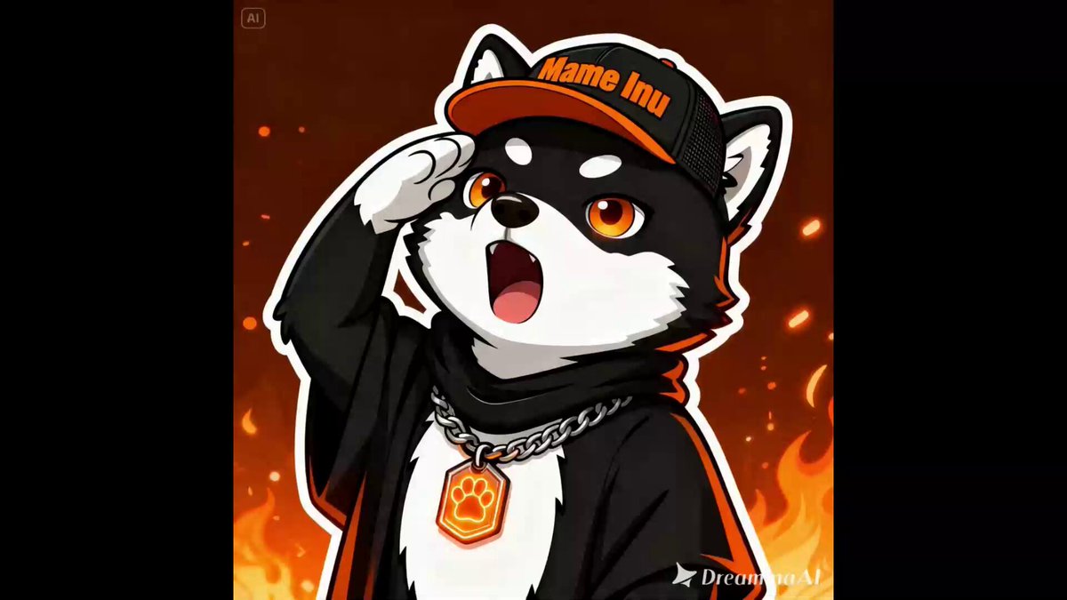 The image features a black and white cartoon dog wearing an orange hat, with its paw raised in the air as if saluting or giving a thumbs up. The background of the image is dark red, which contrasts with the light gray color of the dog's fur. The caption below the image reads "Ignoring the market bleed, today I'm continuing my grind series on @mamebnb project. AI is truly amazing".