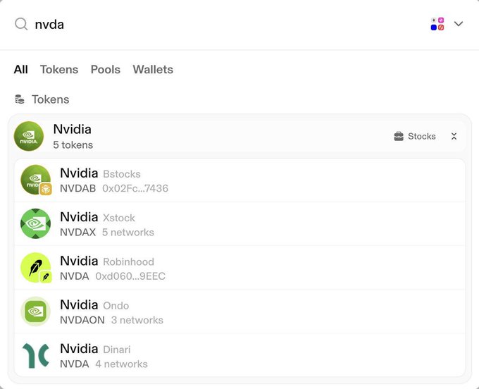 A screenshot of a search interface showing results for 'nvda' (Nvidia), listing tokens including Nvidia on Bstocks (NVDAB), Xstock (NVDAX), Robinhood (NVDA), Ondo (NVDAON), and Dinari (NVDA).