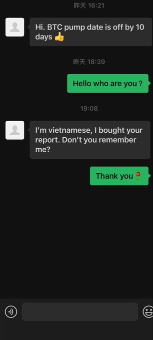 A chat conversation screenshot where a contact mentions 'Hi. BTC pump date is off by 10 days' and later introduces themselves as 'vietnamese, I bought your report. Don't you remember me?'.