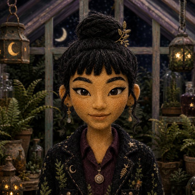 A digital artwork portrait of a young woman with a top knot and gold hair accessory, wearing an ornate dark jacket with botanical embroidery, set in a greenhouse with lanterns and a moonlit sky.
