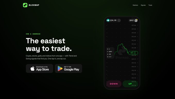Promotional website screenshot for Bloxwap, a crypto trading app, featuring the tagline 'The easiest way to trade' with App Store and Google Play download buttons.
