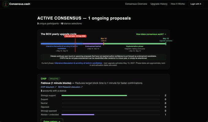 A screenshot from Consensus.cash showing 'ACTIVE CONSENSUS — 1 ongoing proposals' with 3 unique participants and 19 stance selections, featuring a timeline for the BCH yearly upgrade cycle and CHiP proposal details for reducing block times.
