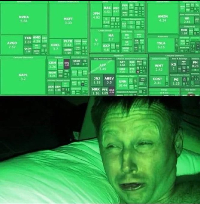 The image is split into two halves: the top shows a green stock market dashboard displaying various tickers like NVDA (5.84), MSFT (3.33), AMZN (4.34), TSLA (6.16), and AAPL (3.2), while the bottom half features a wide-awake man lying in bed bathed in green light from his screen. It humorously illustrates someone obsessively checking crypto/stocks like XRP at 3:33 AM, unable to sleep over market movements.