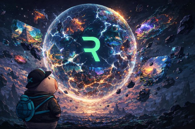 A cartoon bear character with a backpack looks at a glowing, cracked planet or sphere displaying a green 'R' logo amid asteroids in space.