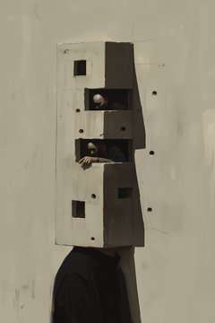 An artistic image shows a person in dark clothing wearing a large cardboard box on their head, featuring cut-out square eye holes through which eyes and a mouth are visible.
