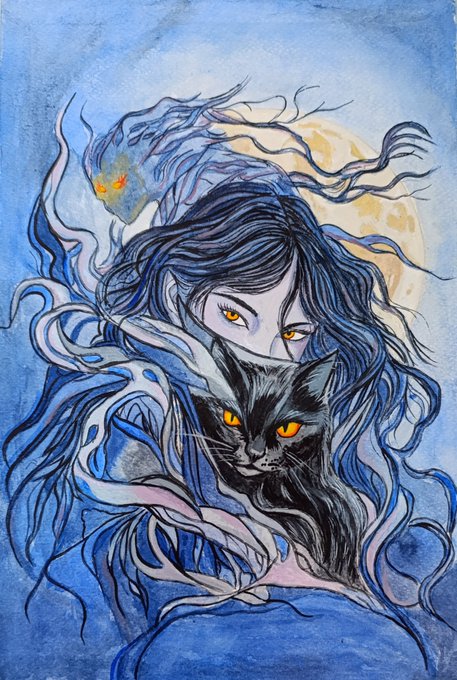 An artistic watercolor and ink illustration of a woman with flowing blue hair and yellow eyes embracing a black cat with glowing yellow eyes, set against a blue background with a moon.