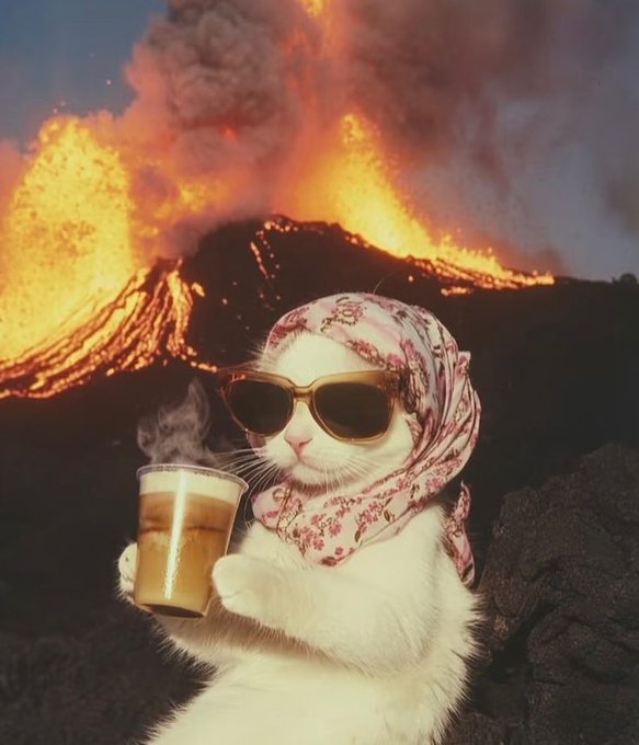 A surreal image showing a white cat wearing a pink floral headscarf and brown sunglasses, holding a steaming coffee cup while sitting on dark volcanic rock with an erupting volcano in the background.