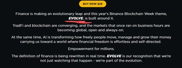 A promotional image from Binance highlighting "Finance Blockchain Week" with a focus on the theme "EVOLVE," describing how AI and blockchain are transforming finance and redefining the definition of finance itself. The image features a yellow "BUY BNB $39" button at the top and aligns with the post's callout to @binance and #BNB, emphasizing Binance's role in the evolving financial landscape.