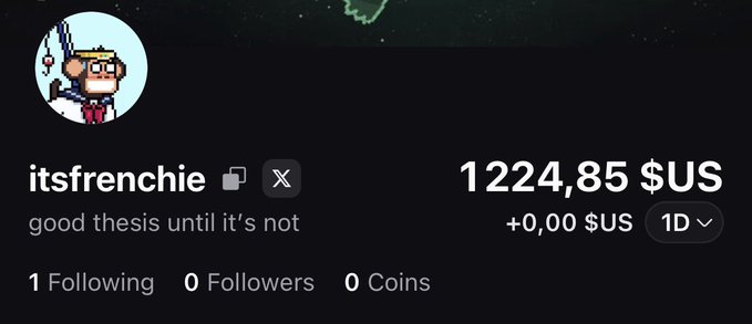 The image displays a profile for "itsfrenchie" with a wallet balance of 1224,85 $US, accompanied by the bio "good thesis until it's not." The post suggests the user received a Solana memecoin airdrop and is asking followers to engage with their pumpfun profile in exchange for redistribution of the tokens, implying the displayed balance reflects the wallet holdings used for this giveaway.