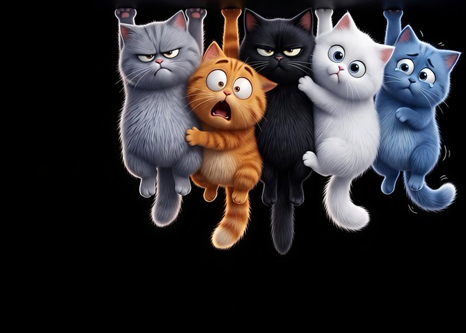 An illustration of five cartoon cats hanging from above against a black background, displaying various expressions including a shocked orange cat.