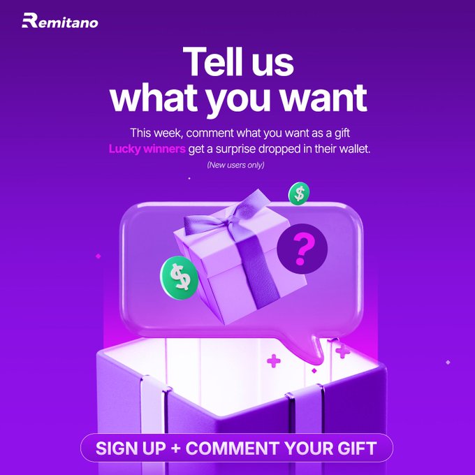 A Remitano promotional graphic with the text 'Tell us what you want - This week, comment what you want as a gift. Lucky winners get a surprise dropped in their wallet. (New users only)' featuring a purple gift box illustration with dollar signs and a question mark.